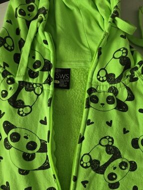 Vintage SWS Neon Green All-Over Panda Print Zip-Up Hoodie Sweatshirt